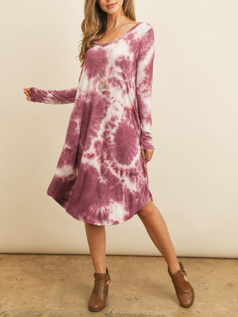 Tie Dye Long Sleeve Midi Dress Burgundy/Ivory New